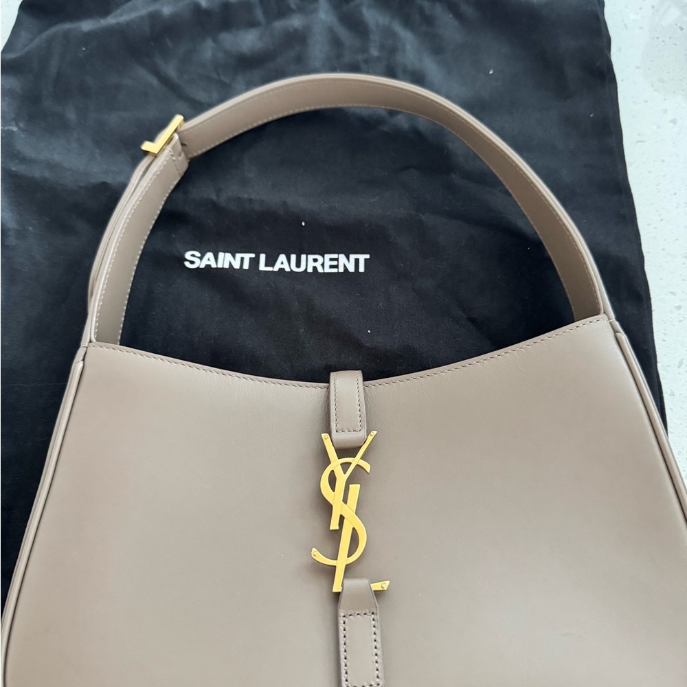 Saint Laurent Beige Leather Shoulder Bag with Gold Logo